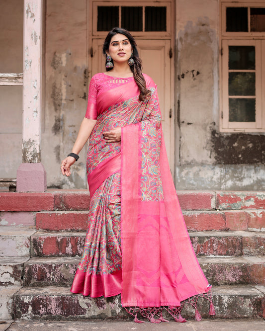 Gorgeous Banarasi Digital Printed Radiant Pink Silk Saree.