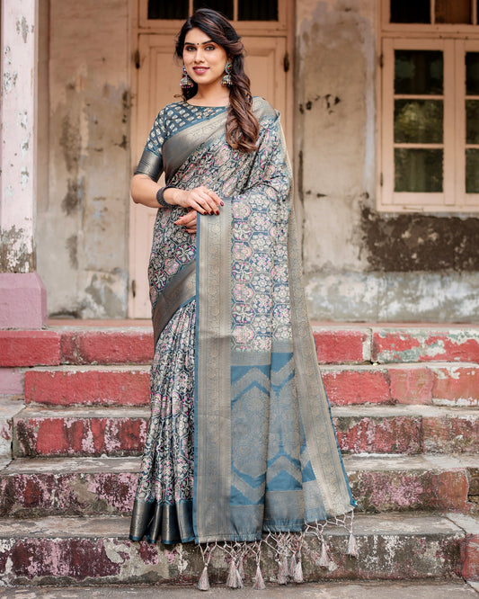 Regal Banarasi Digital Printed Gray  Silk Saree.