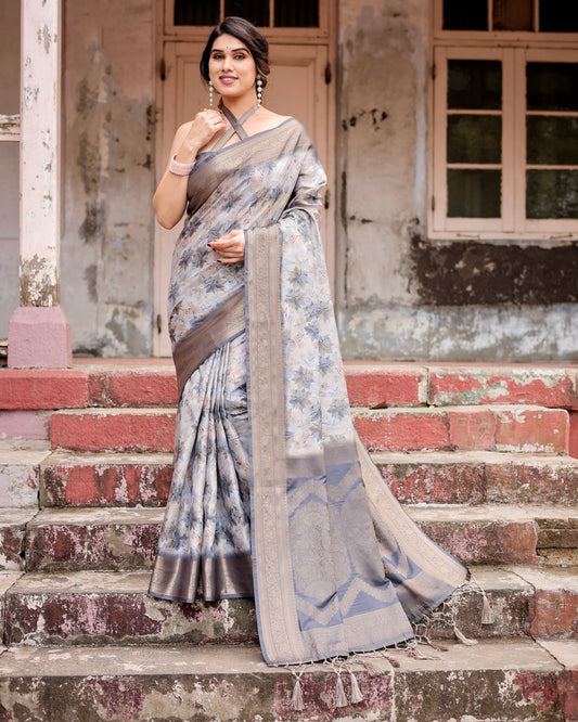 Elegant Banarasi Digital Printed Charcoal Grey Silk Saree.