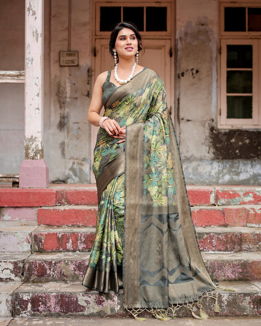 Exquisite Banarasi Digital Printed Forest Green Silk Saree.