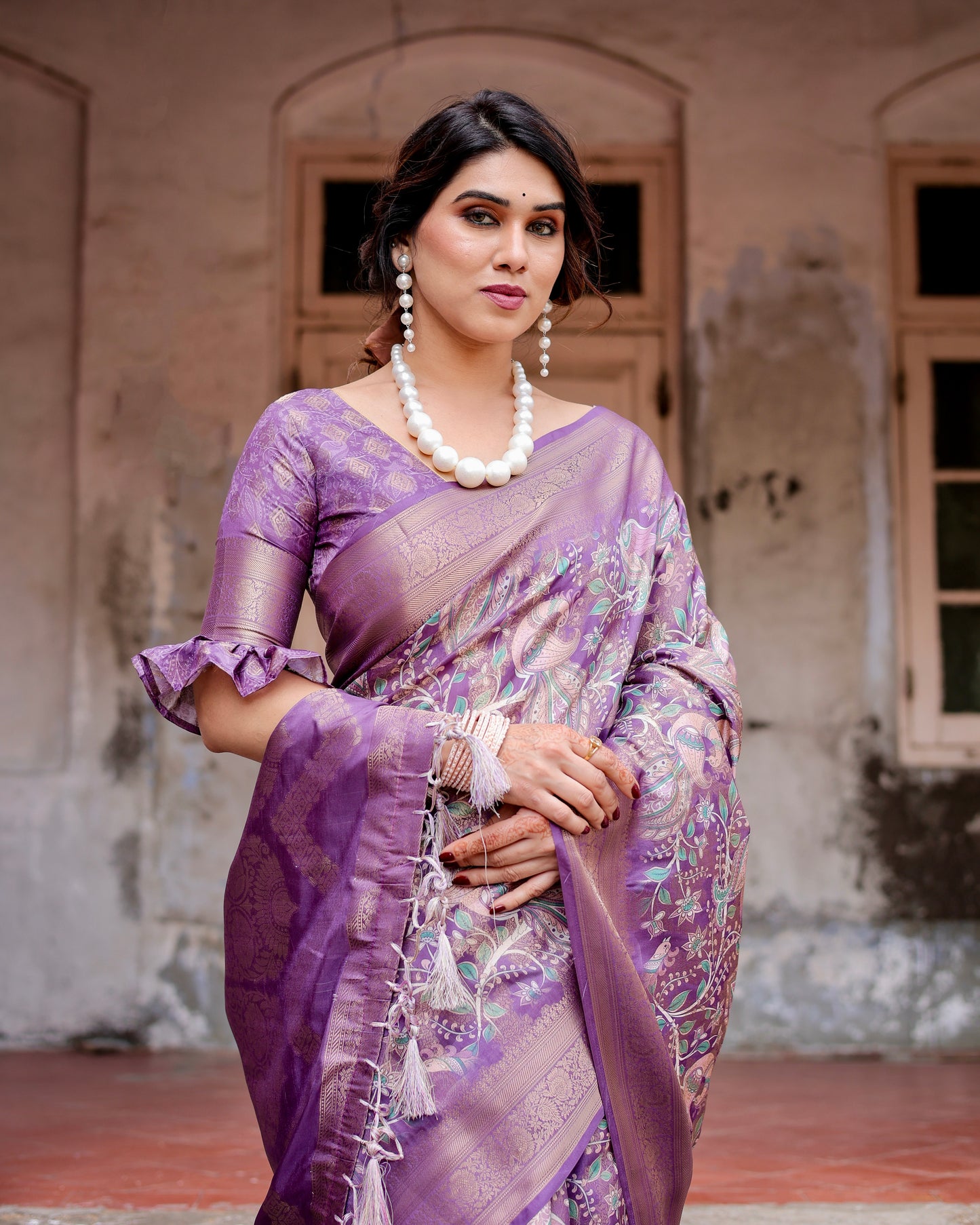 Royal Banarasi Digital Printed Purple Elegance Silk Saree.