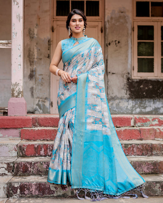Grace in Sky Blue Banarasi Digital Printed Silk Saree.