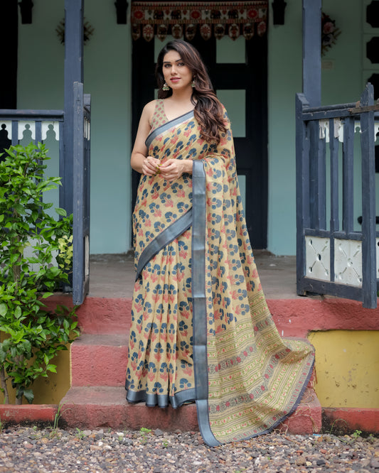 Classic Charm Pure Linen Saree with Tassels.