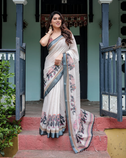 Majestic Pure Linen Elegant Off-white With A Grey Saree.