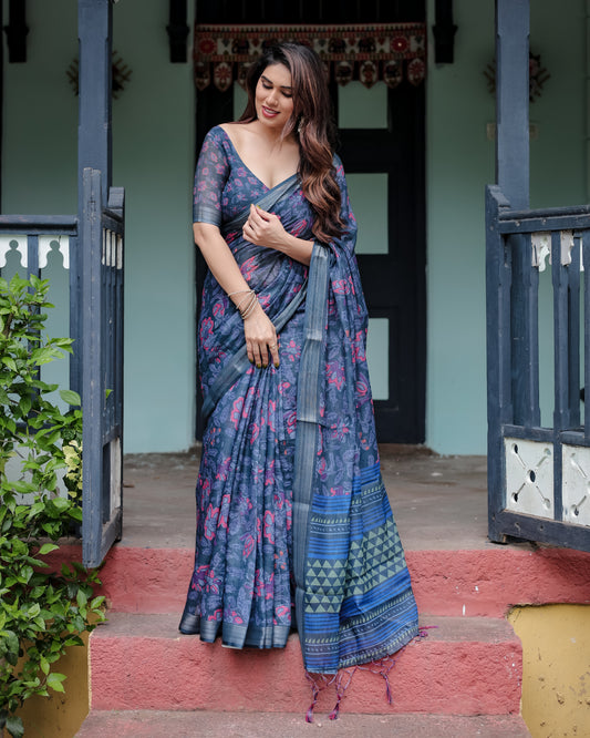 Adorable Designer New Pure Linen Saree with Tassels.
