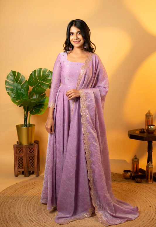 Beautiful Party Wear Pure Gold Crush Silk Lavender Gown Collection.