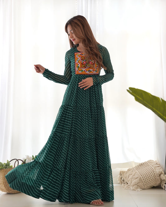 Navratri Season Special New Bottle Green Laheriya Print Gown Collection.