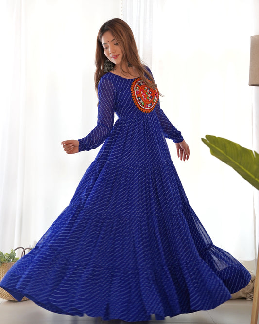 Garba Special Beautiful Royal Blue Laheriya print with huge Flaired Gown Collection.