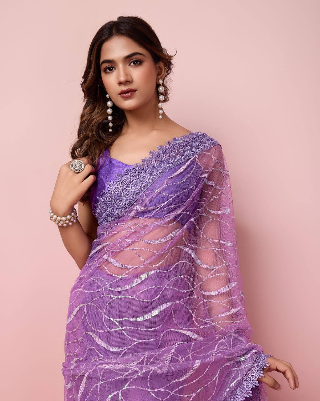 Lavender Heavy Premium Soft Net With Embroidery Sequence Work Saree.