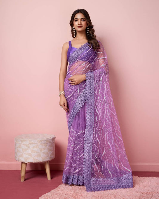 Lavender Heavy Premium Soft Net With Embroidery Sequence Work Saree.