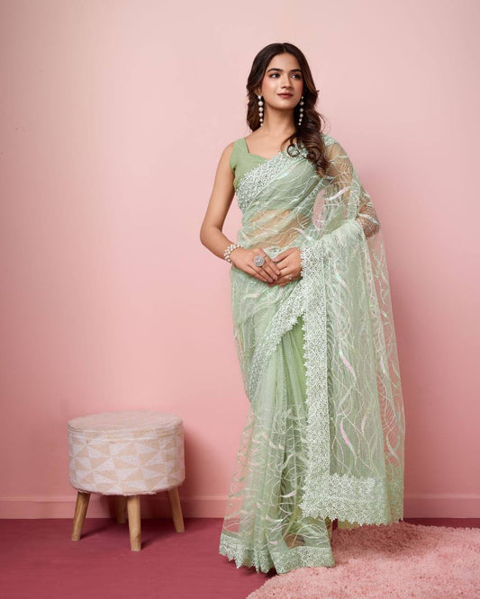 Pista Color Occasions Wear Special Premium Soft Net Saree.