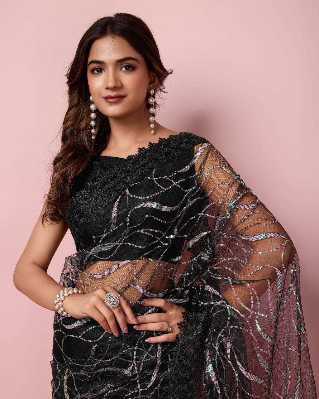 Amazing Look Party Wear Black soft Net Saree.