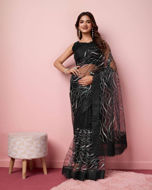 Amazing Look Party Wear Black soft Net Saree.