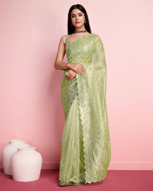 Most Beautiful Designer Silver Twill Net Saree.