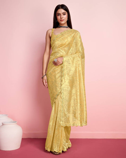 Haldi Function Special Designer Silver Twill Net & Embroidery Work And Whole Embroidery Sequence Work Saree.