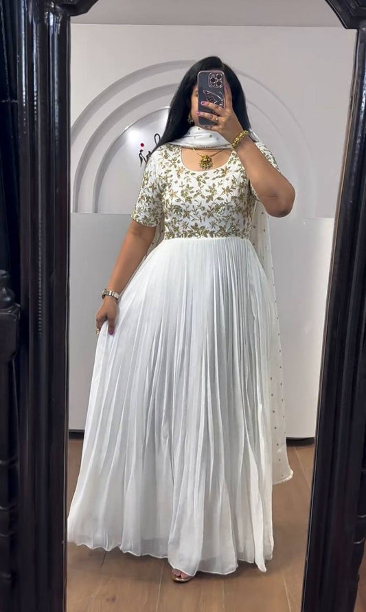 Premium Chinon Embroidery Sequence Work Beautiful White Gown.