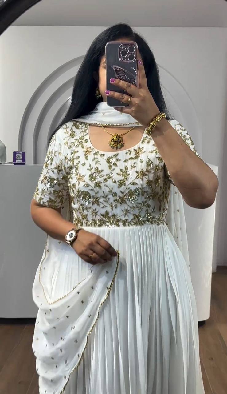 Premium Chinon Embroidery Sequence Work Beautiful White Gown.