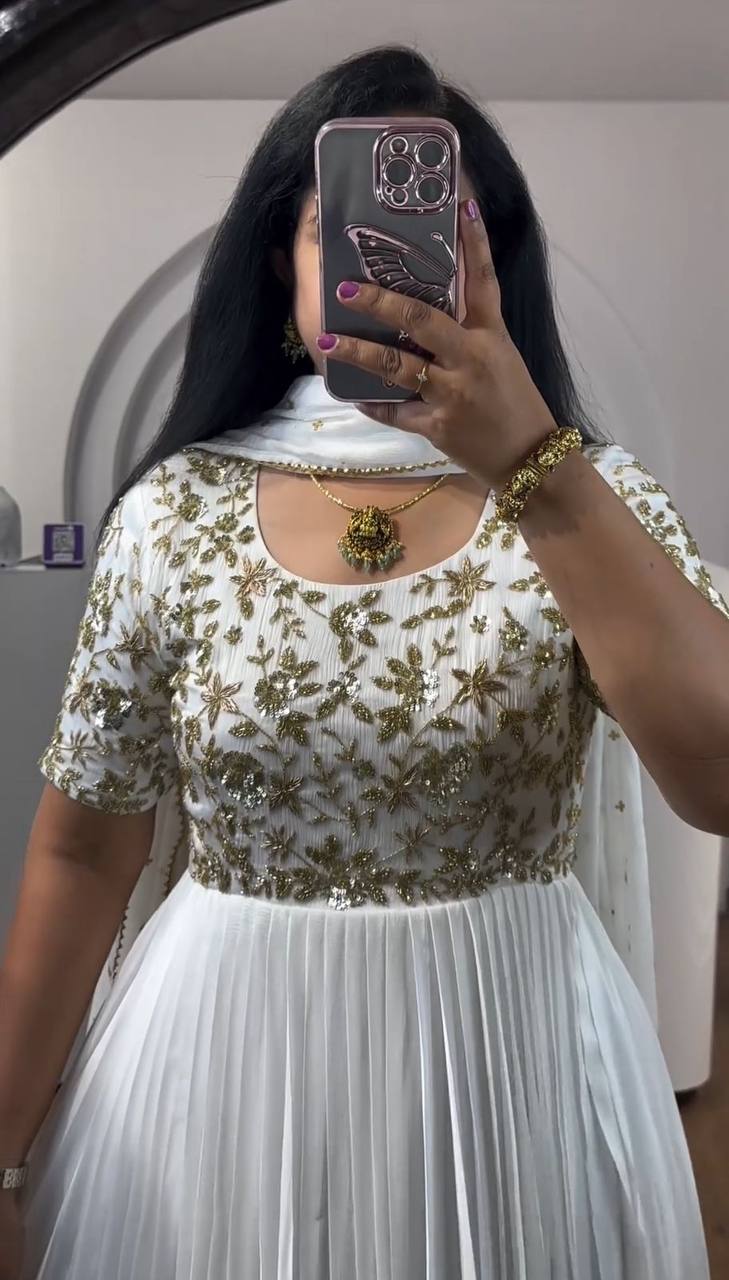 Premium Chinon Embroidery Sequence Work Beautiful White Gown.