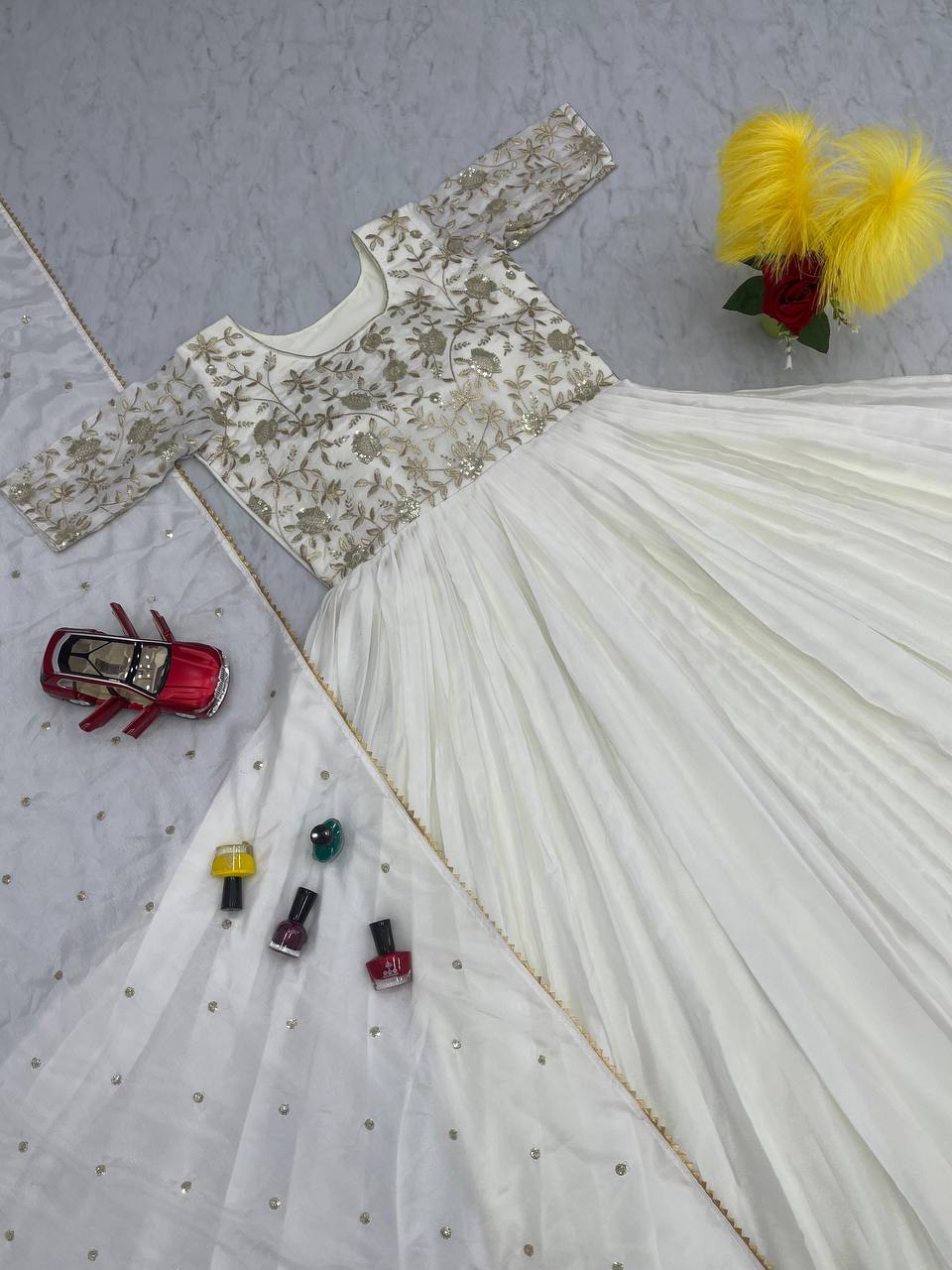 Premium Chinon Embroidery Sequence Work Beautiful White Gown.