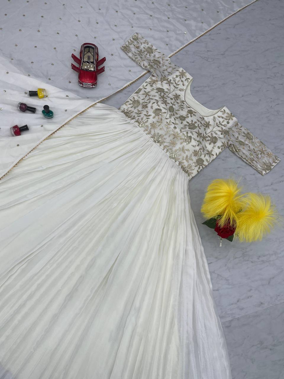 Premium Chinon Embroidery Sequence Work Beautiful White Gown.