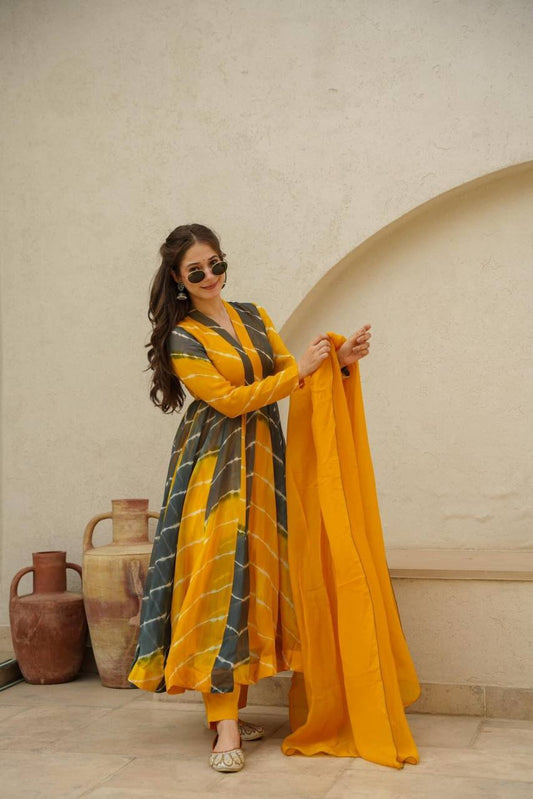 Haldi Functions Special Pretty Lehriya Printed Yellow Outfit.