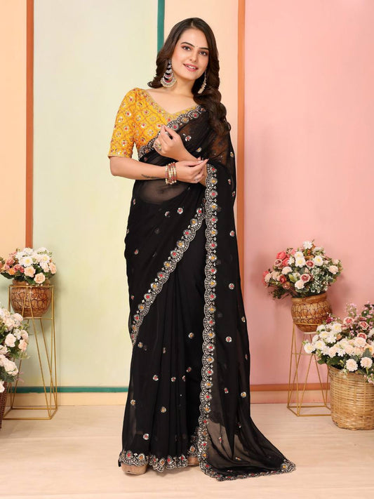 Party Wear Special Tibby Organza Silk Black Saree Collection.