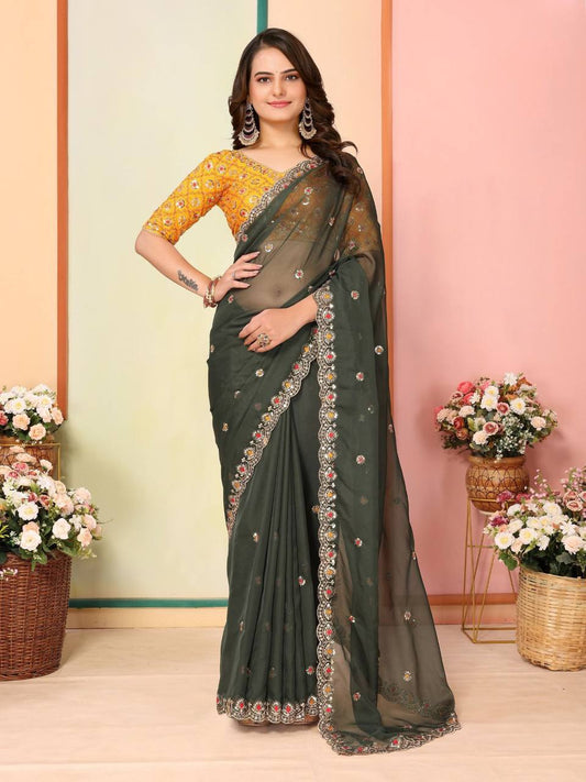 Mahendi Function Special Tibby Organza Silk Saree Collection.