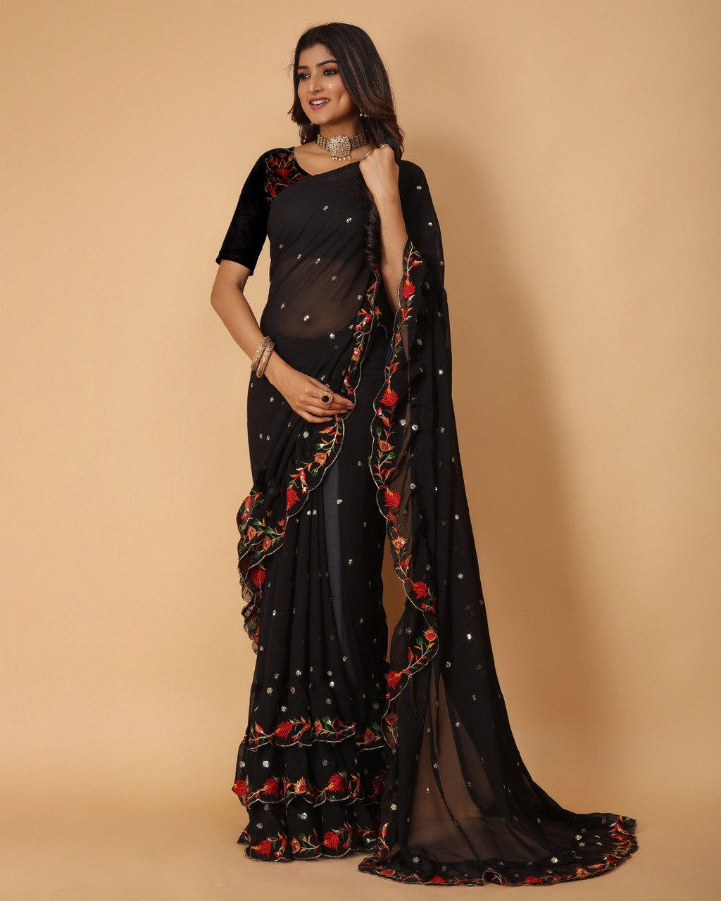 Party Wear Special Sequence Work Georgette Black Saree.