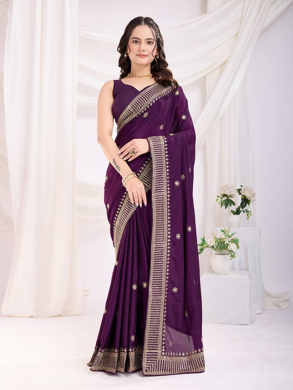 Beautiful Designer Purple Chinon Silk Saree Collection.