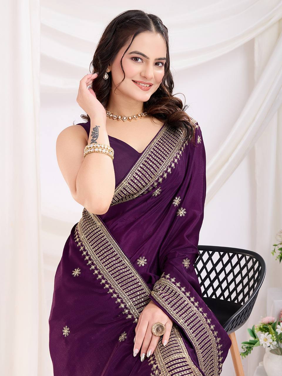 Beautiful Designer Purple Chinon Silk Saree Collection.