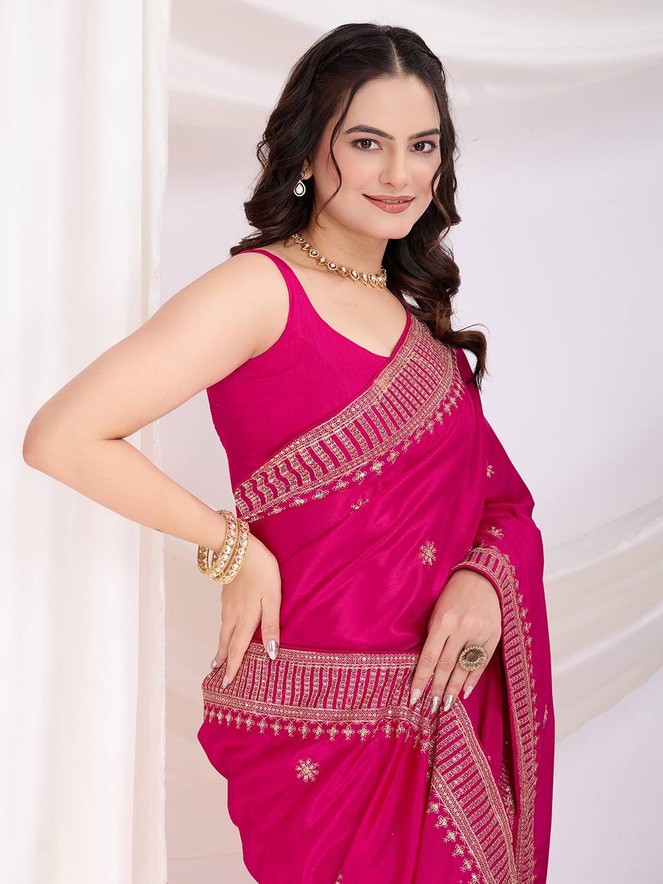 New Designer Wedding Special Chinon Silk Pink Saree Collection.