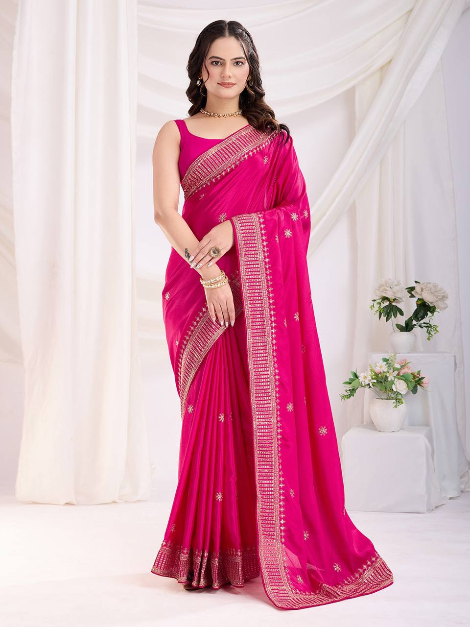 New Designer Wedding Special Chinon Silk Pink Saree Collection.