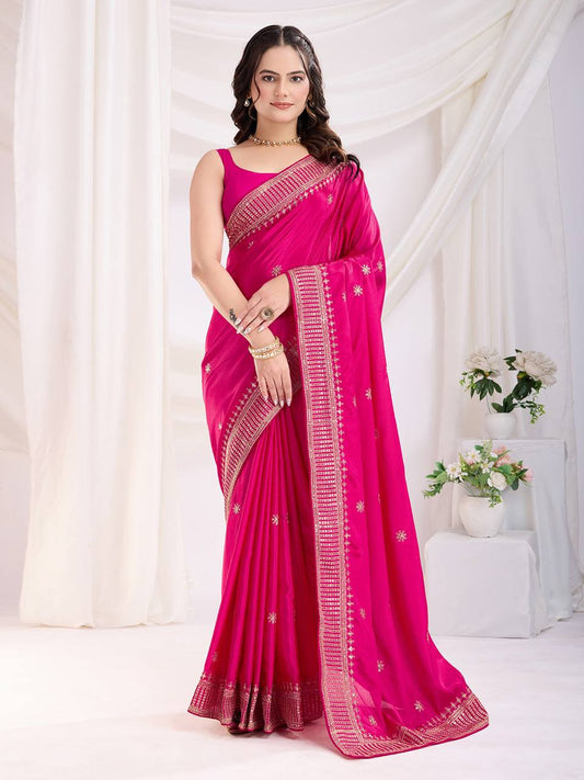 New Designer Wedding Special Chinon Silk Pink Saree Collection.