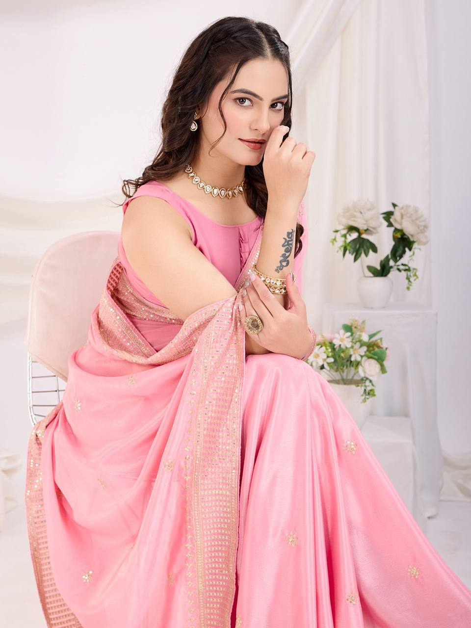 Light Pink Pretty Chinon Silk Saree Collection.