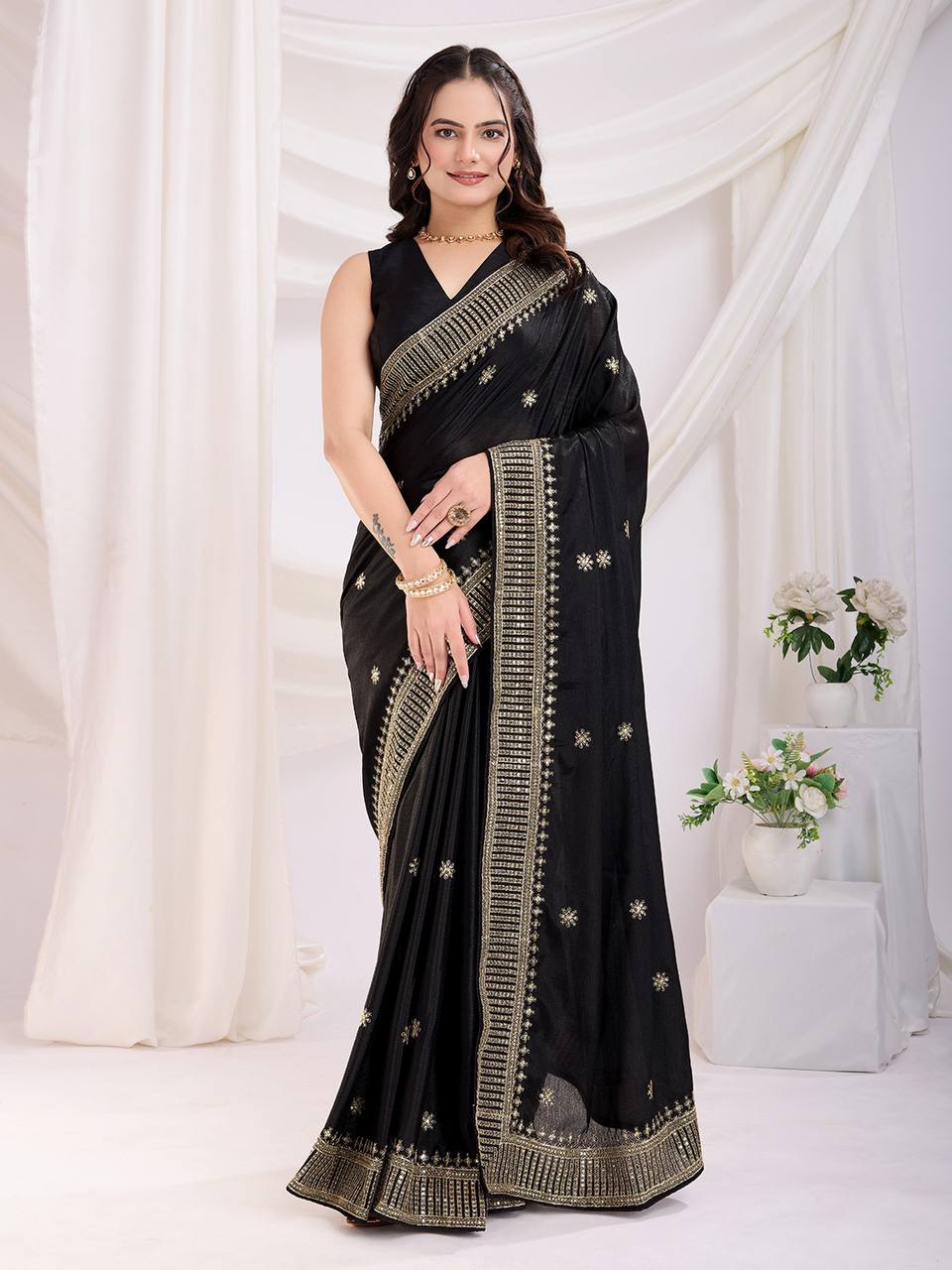 Latest New Party Wear Chinon Silk Black Saree Collection.