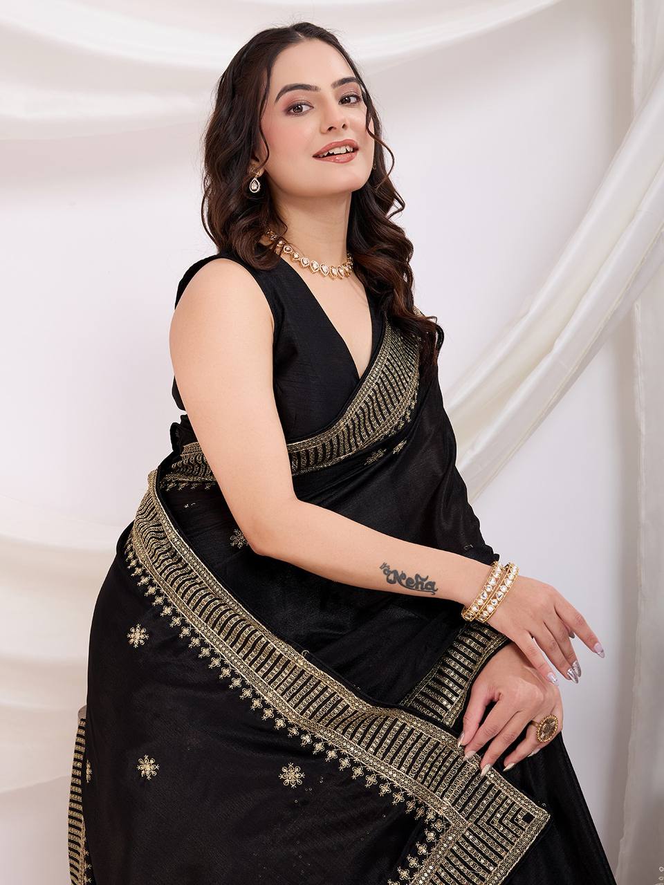 Latest New Party Wear Chinon Silk Black Saree Collection.