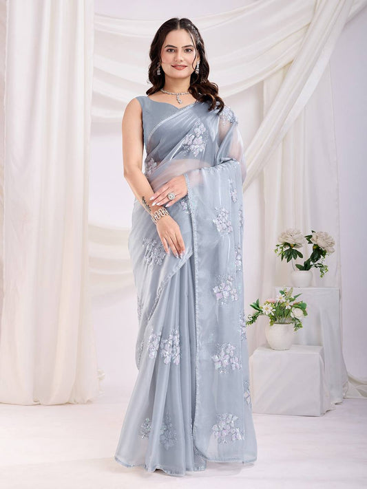 New Grey Colour Zimmy Choo Saree Collection.