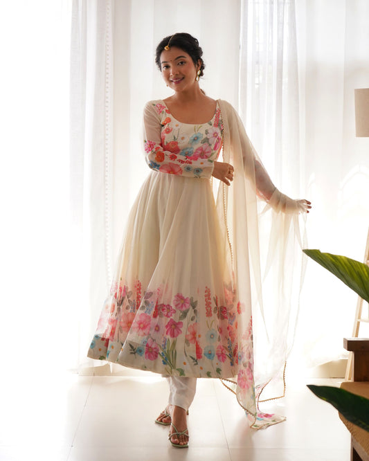 Occasion Wear Special New Cream Color Anarkali Suit.