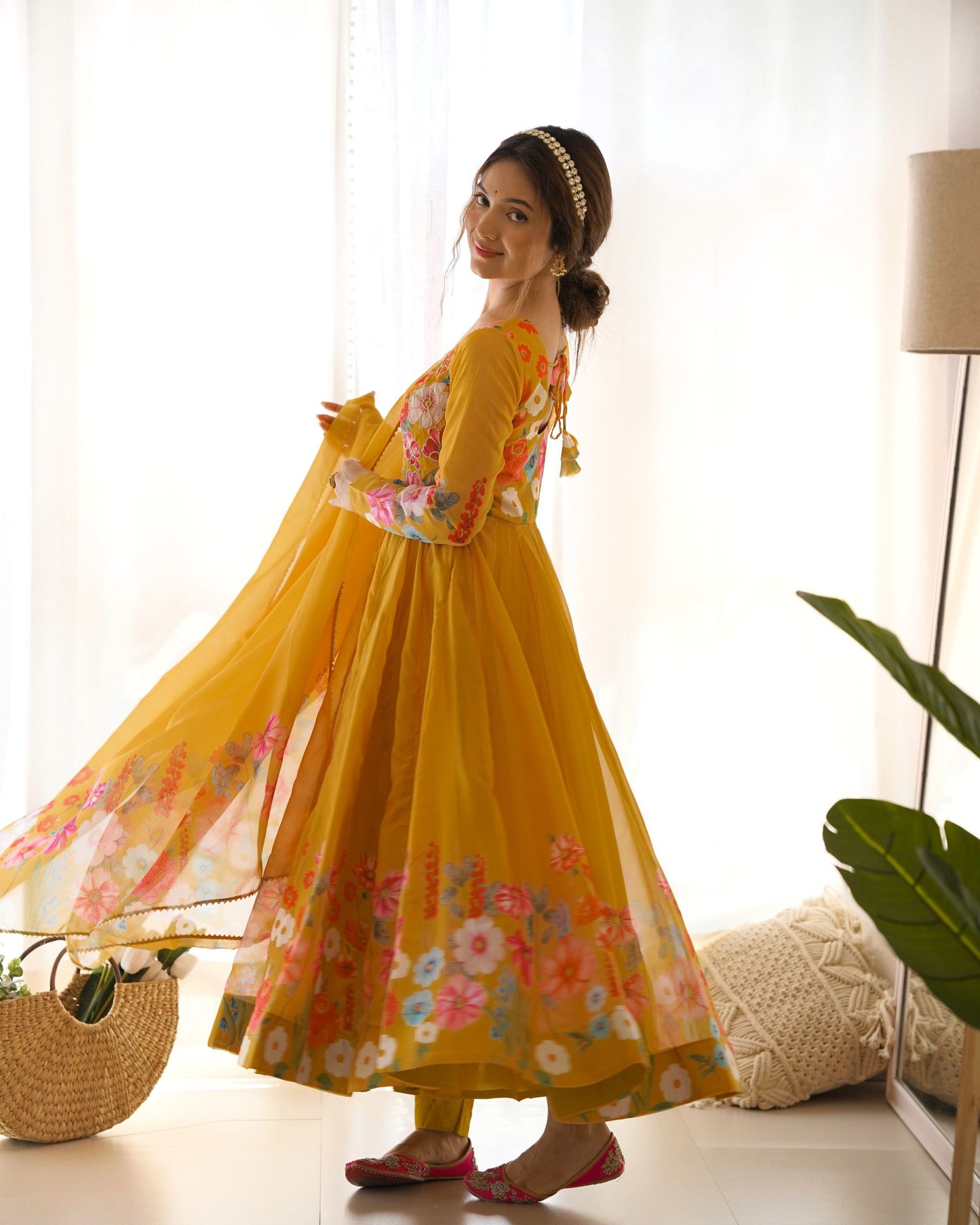 Latest Designer Yellow Pure Organza Silk Anarkali Suit.