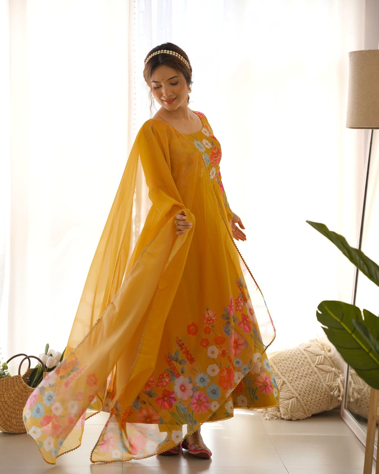 Latest Designer Yellow Pure Organza Silk Anarkali Suit.