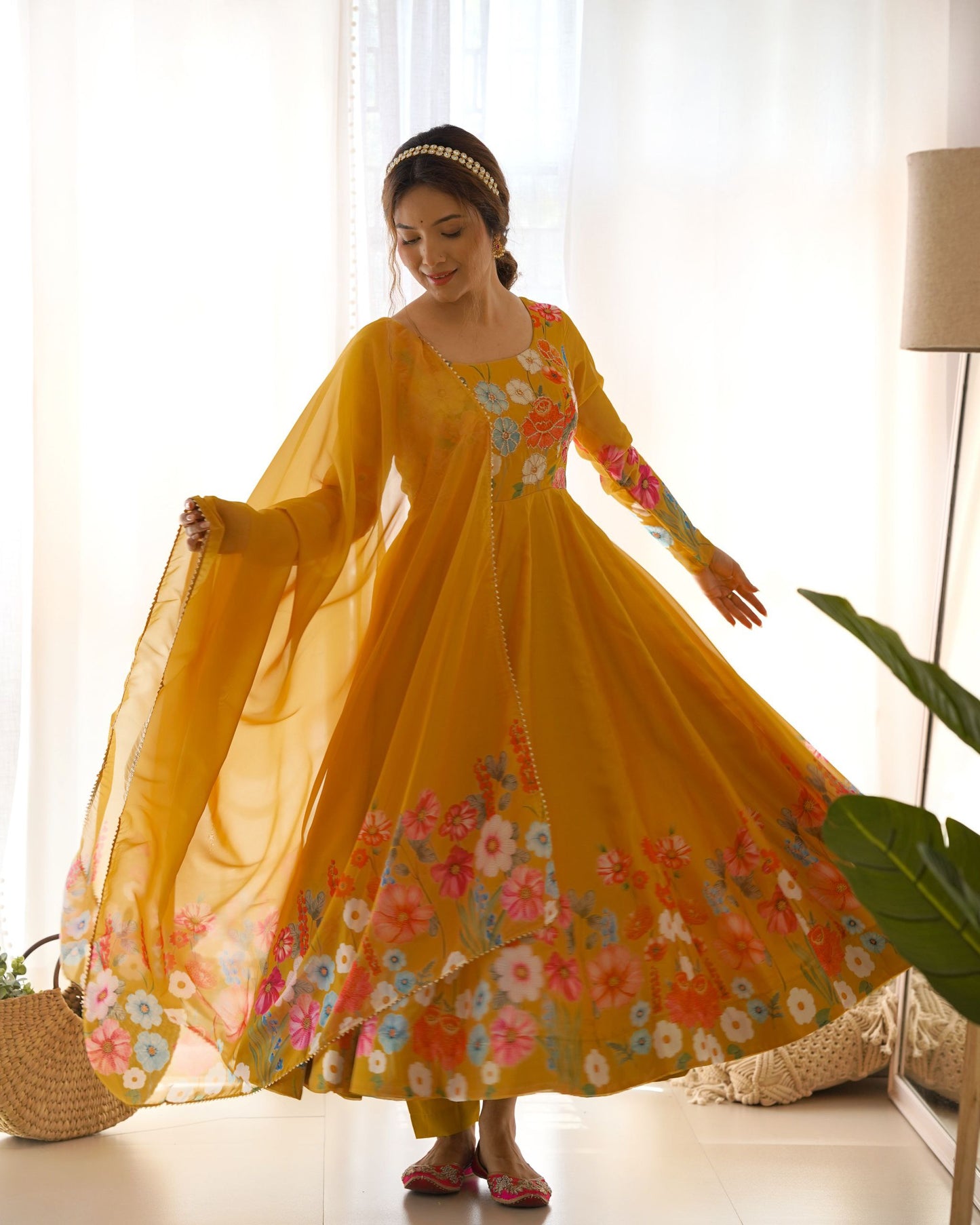 Latest Designer Yellow Pure Organza Silk Anarkali Suit.