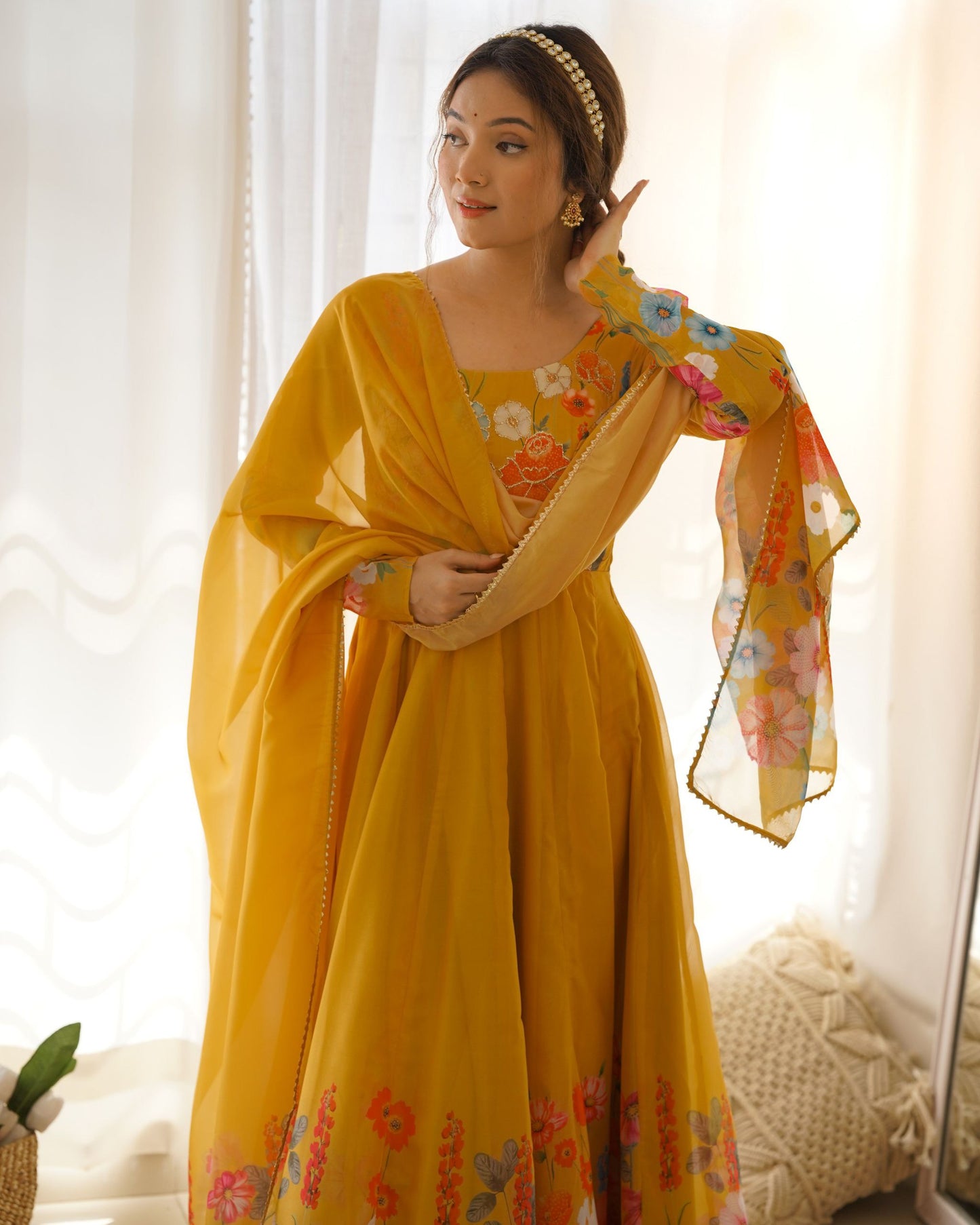 Latest Designer Yellow Pure Organza Silk Anarkali Suit.
