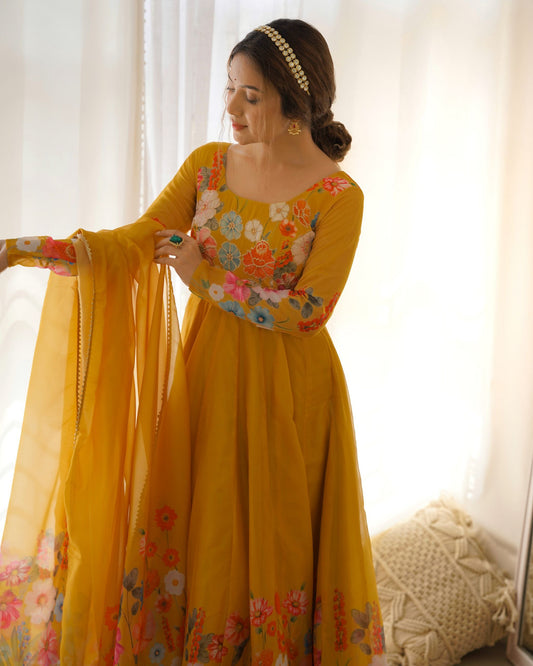 Latest Designer Yellow Pure Organza Silk Anarkali Suit.