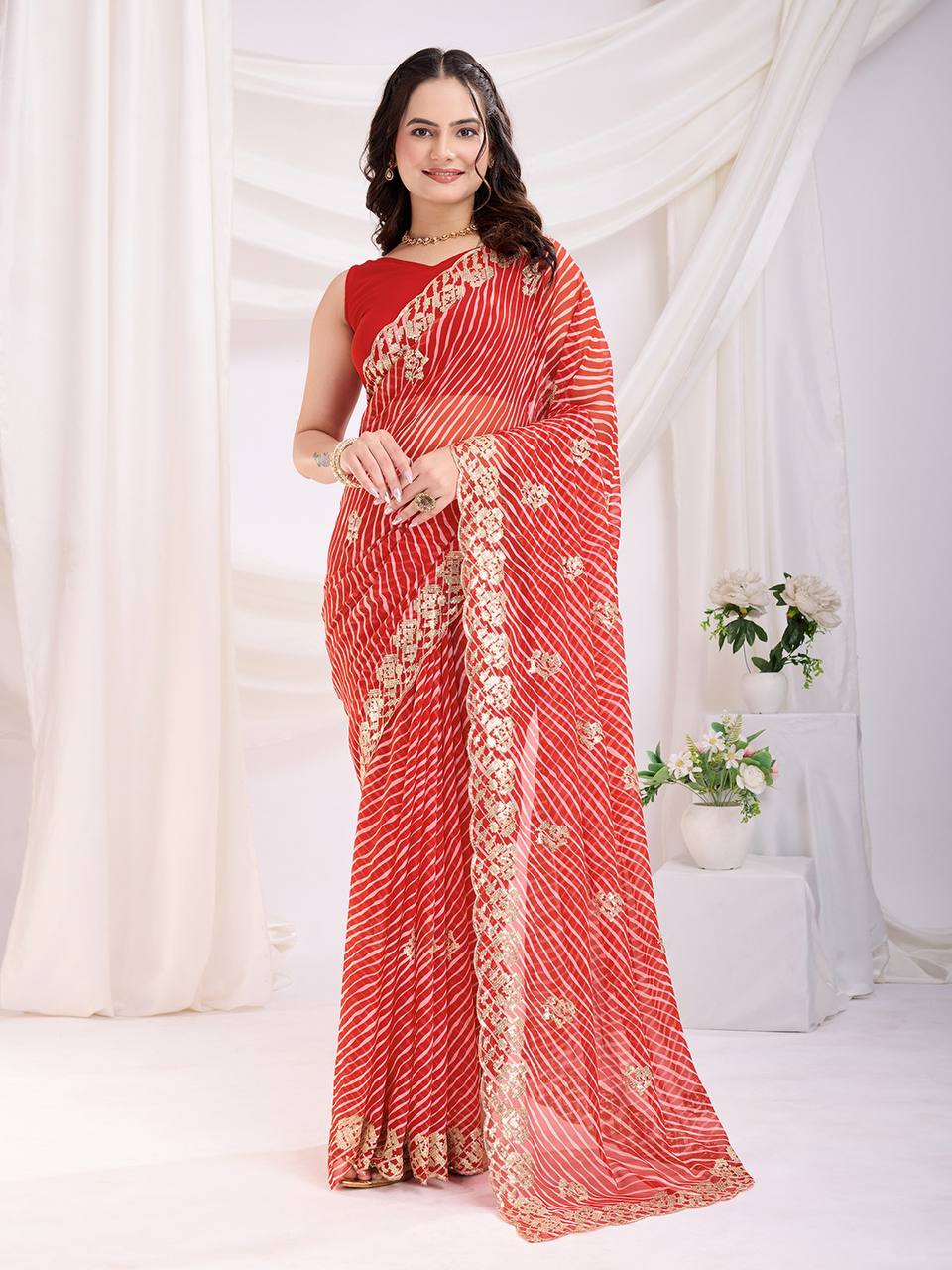 Beautiful Leriya Printed Red Georgette Saree Collection.