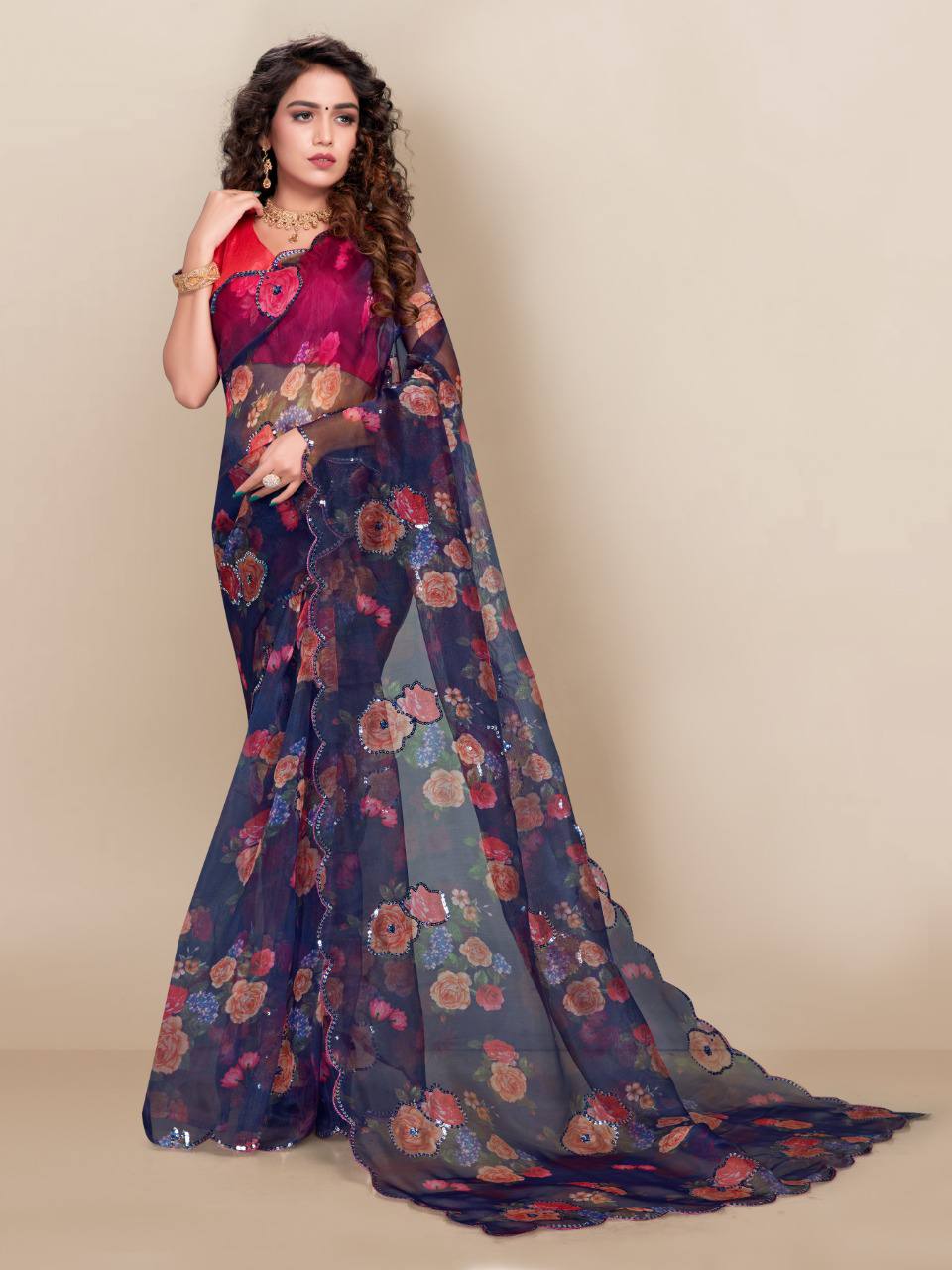 Party Wear New Look premium Soft Organza Navy Blue Saree.