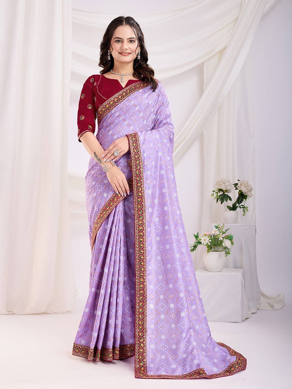lavender Bandhani Vichitra Silk Saree Collection.