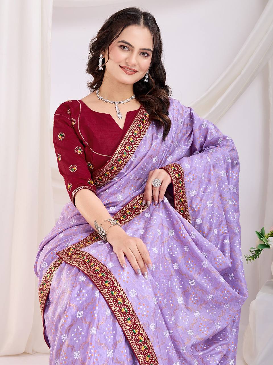 lavender Bandhani Vichitra Silk Saree Collection.
