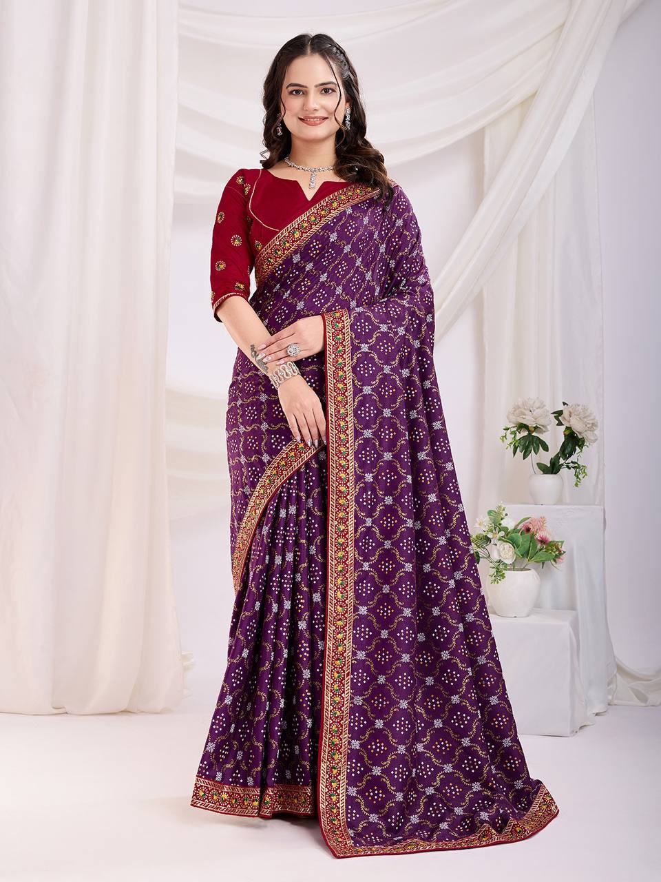 Ocassion Wear Special Purple Bandhani Vichitra Silk Saree Collection.