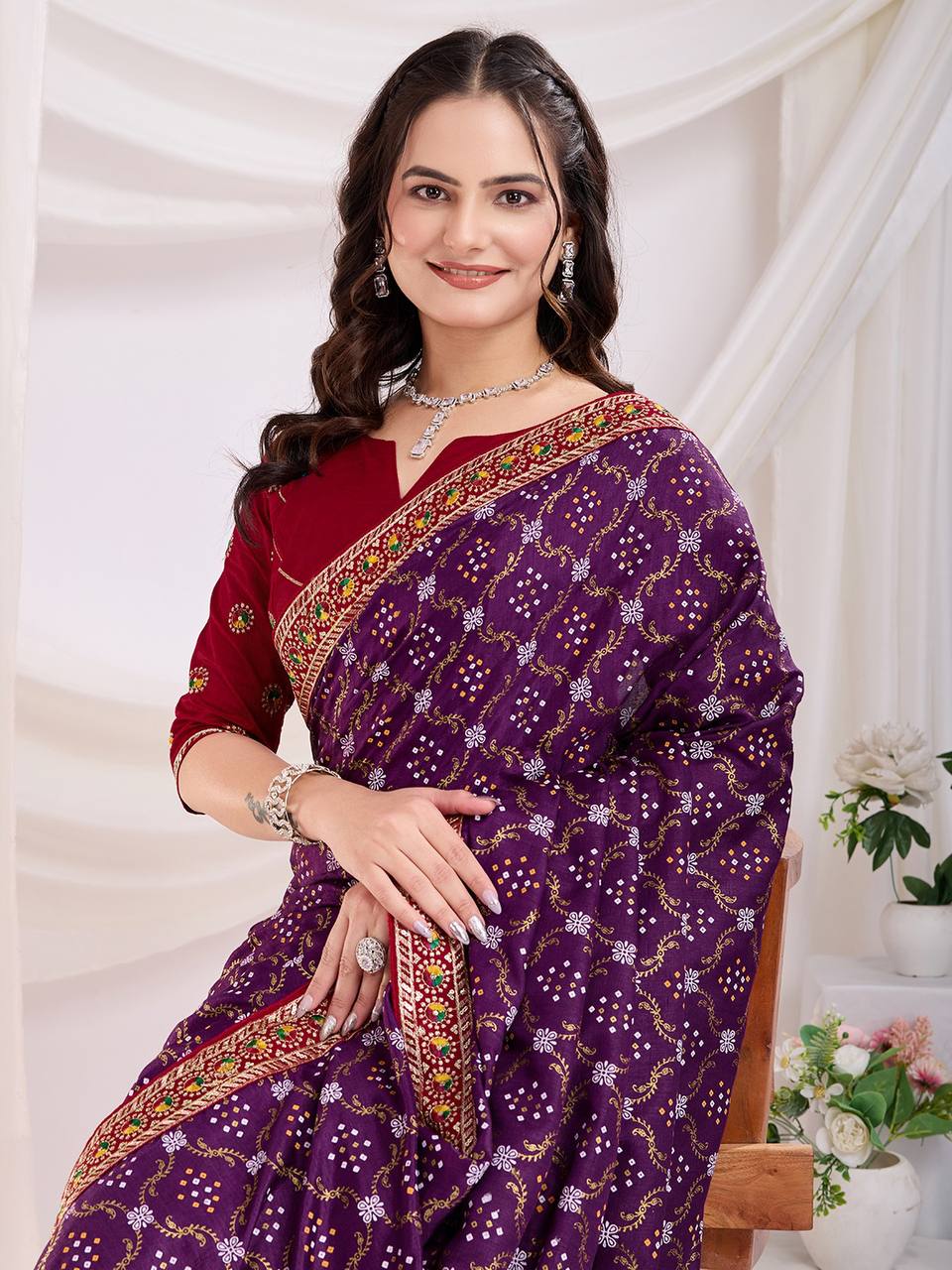 Ocassion Wear Special Purple Bandhani Vichitra Silk Saree Collection.