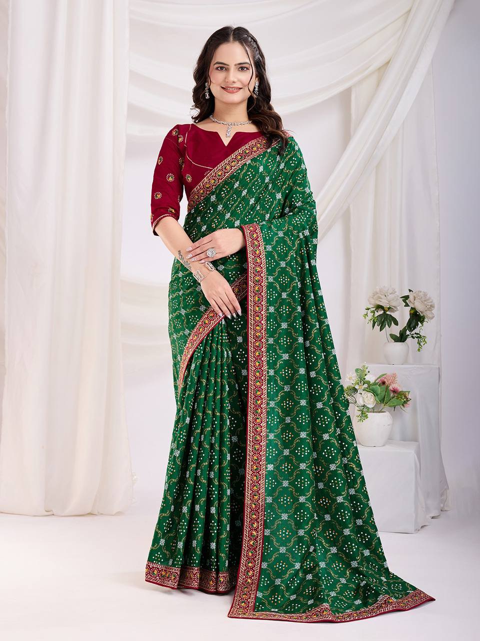 Pretty Designer Green Bandhani Vichitra Silk Saree Collection.